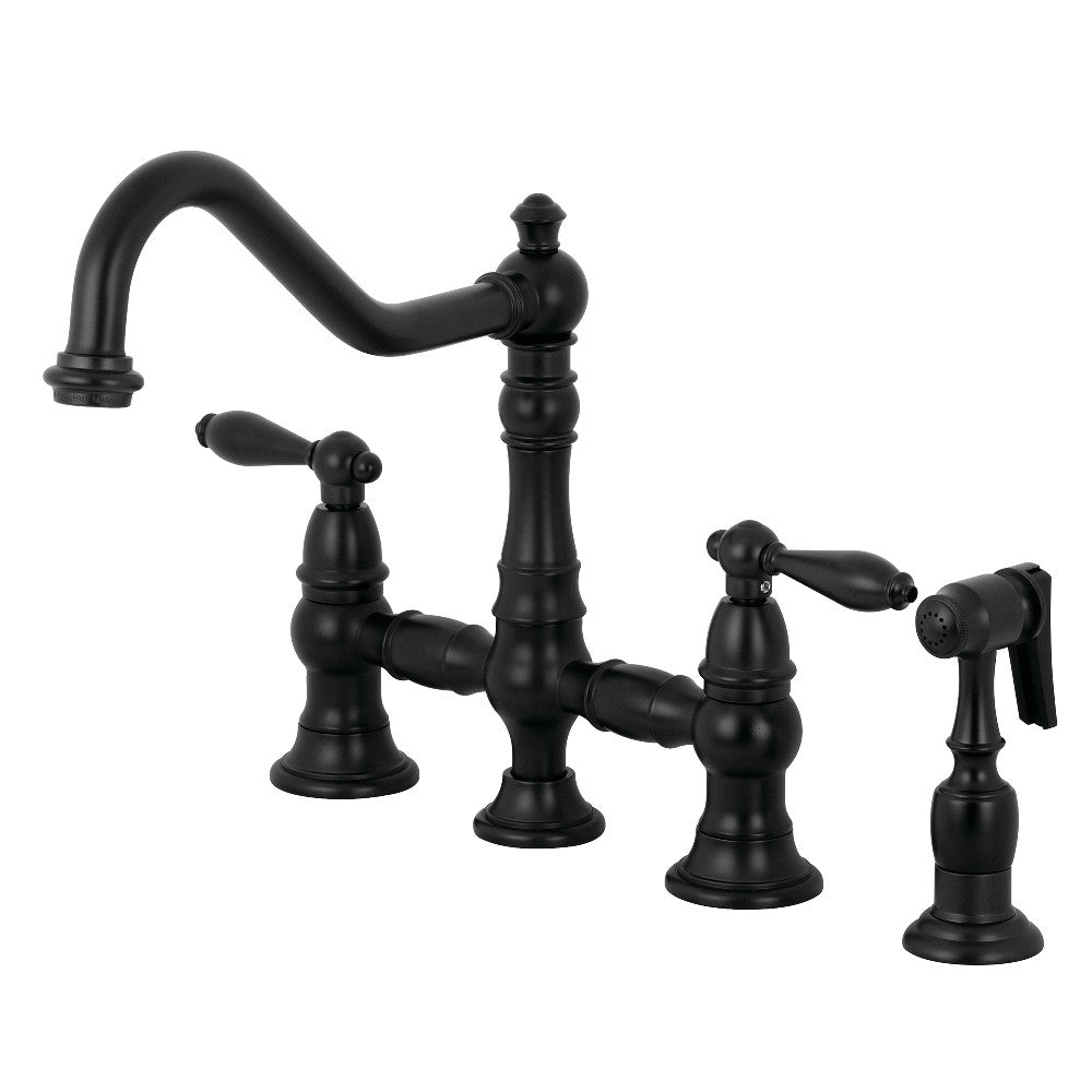 Kingston KS3277ALBS Restoration Bridge Kitchen Faucet with Brass Sprayer, Brushed Brass in matte black finish