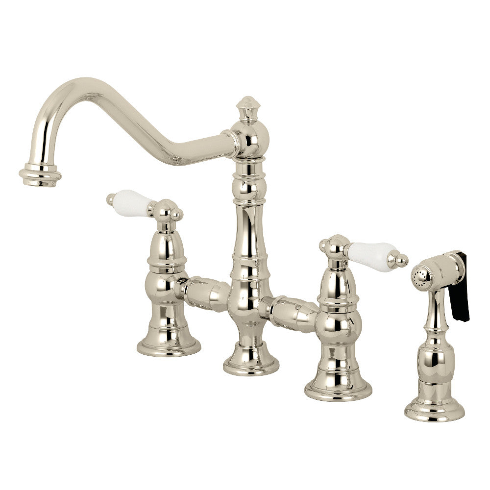 Kingston KS3277PLBS Restoration Bridge Kitchen Faucet with Brass Sprayer, Brushed Brass finish