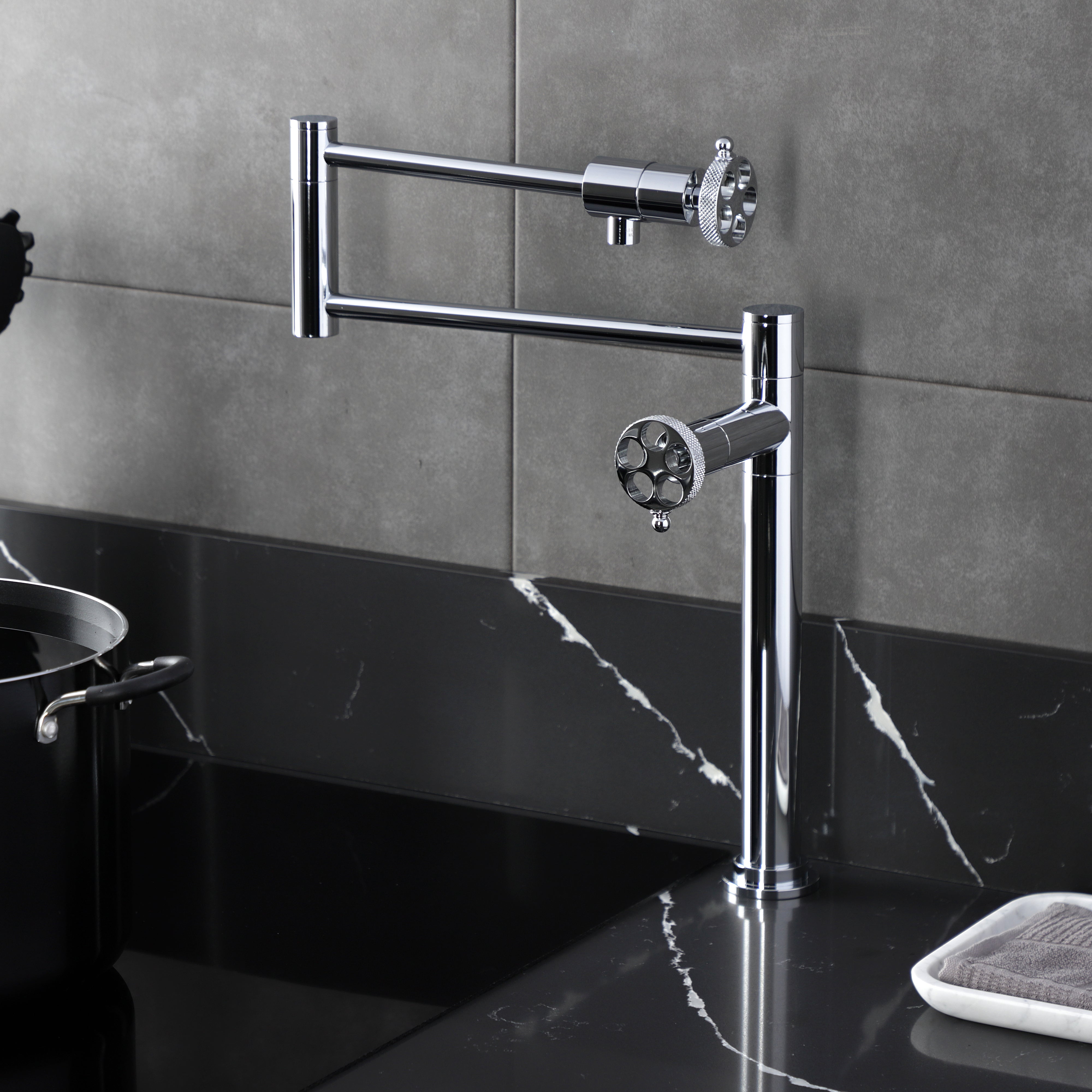 Kingston Brass KS4703RKX Webb Deck Mount Pot Filler Faucet with Knurled Handle, Antique Brass