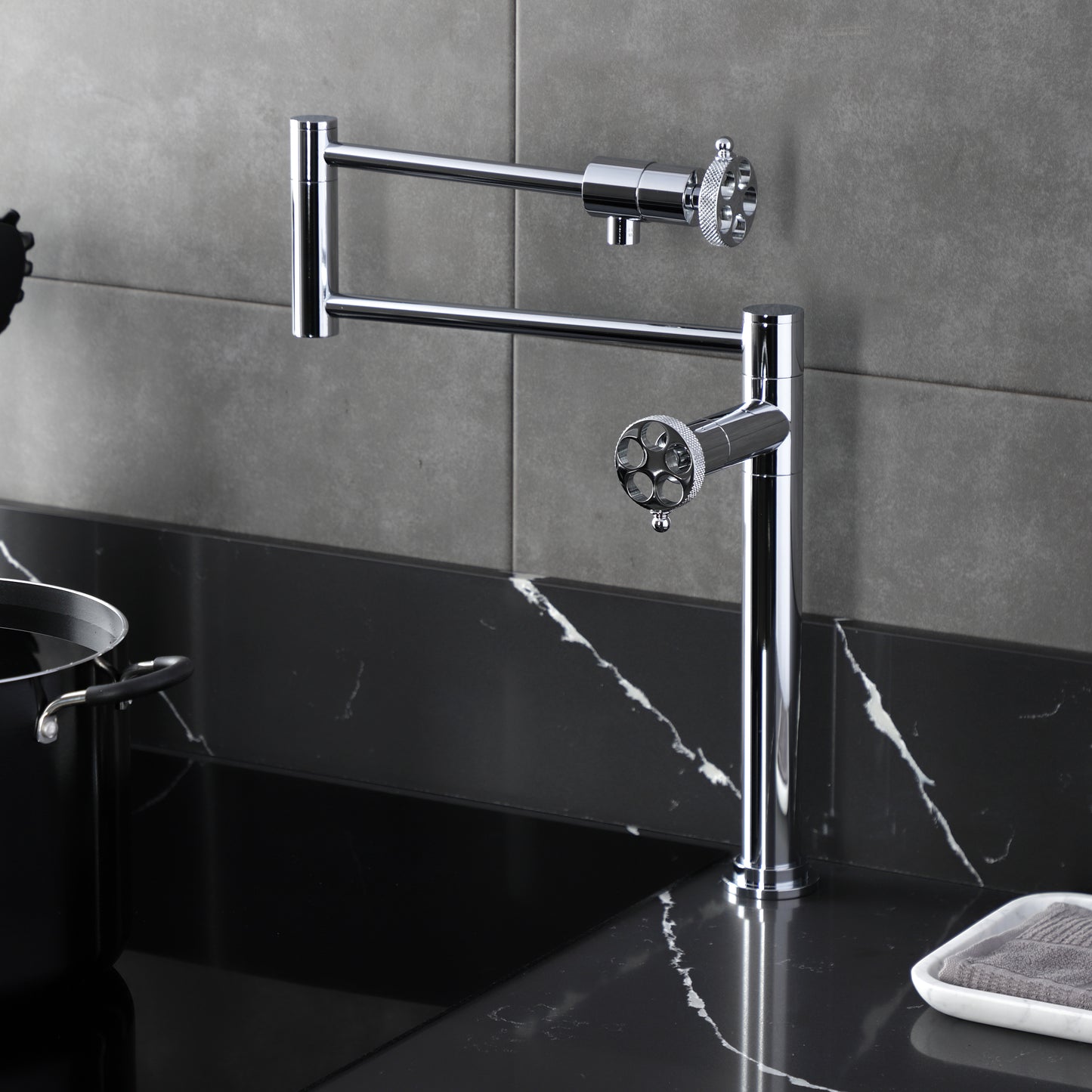 Kingston Brass KS4703RKX Webb Deck Mount Pot Filler Faucet with Knurled Handle, Antique Brass