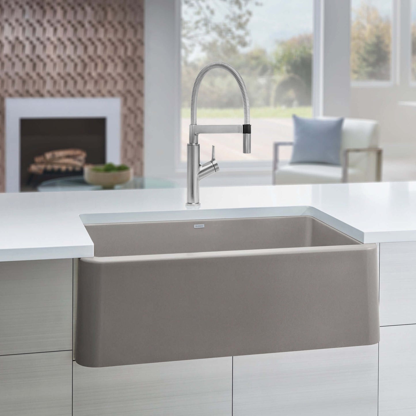 BLANCO Ikon SILGRANIT 33" Single Bowl Apron-Front Farmhouse Sink with modern faucet in contemporary kitchen.