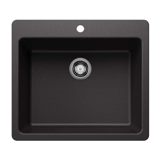 BLANCO Liven SILGRANIT 25" Single Bowl Dual Mount Kitchen Sink in stylish black finish, designed for efficient kitchen use.
