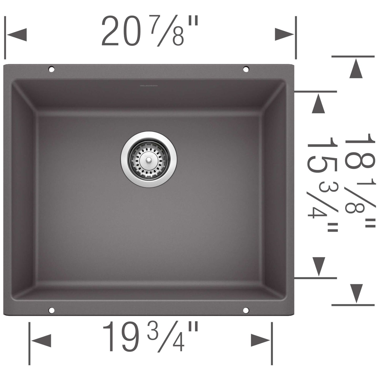 BLANCO Precis SILGRANIT 21" Single Bowl Undermount Kitchen Sink dimensions 20 7/8" x 19 3/4" with modern gray finish.