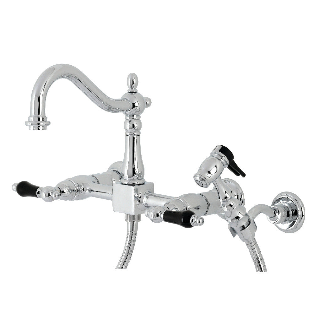 Kingston KS1263PKLBS Duchess Two-Handle Wall Mount Bridge Kitchen Faucet with Brass Sprayer, Antique Brass