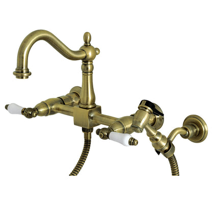 Kingston KS1263PLBS Heritage Two-Handle Wall Mount Bridge Kitchen Faucet with Brass Sprayer, Antique Brass