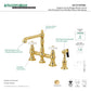 Kingston KS7277PXBS English Country Bridge Kitchen Faucet with Brass Sprayer, Brushed Brass image showing porcelain cross handles and brass side sprayer