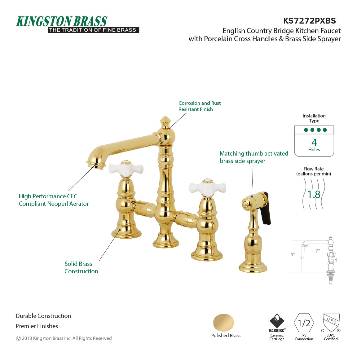 Kingston KS7277PXBS English Country Bridge Kitchen Faucet with Brass Sprayer, Brushed Brass image showing porcelain cross handles and brass side sprayer