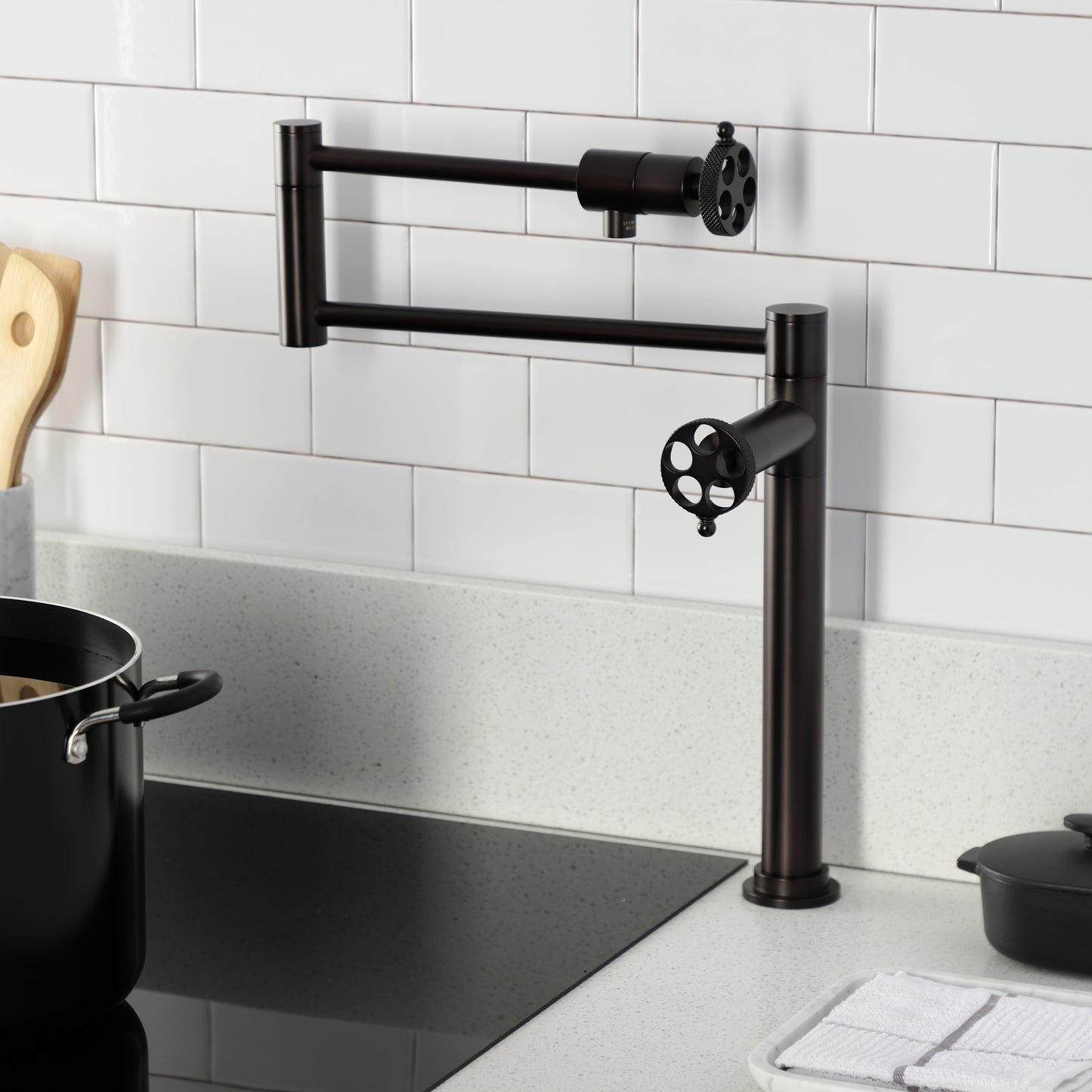 Kingston Brass KS4703RKX Webb Deck Mount Pot Filler Faucet with Knurled Handle, Antique Brass