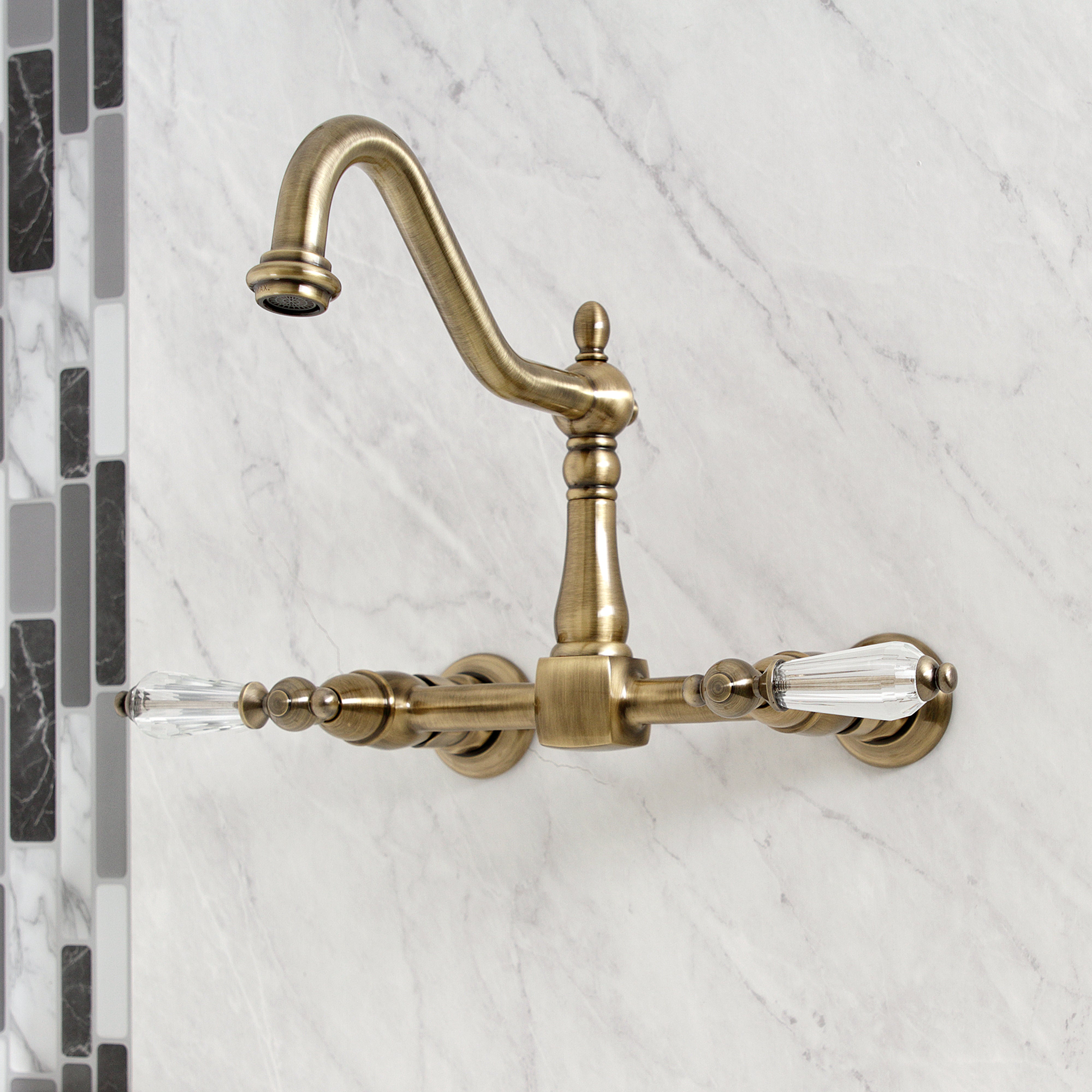 Kingston KS1243WLL Wilshire Two-Handle Wall Mount Bridge Kitchen Faucet, Antique Brass