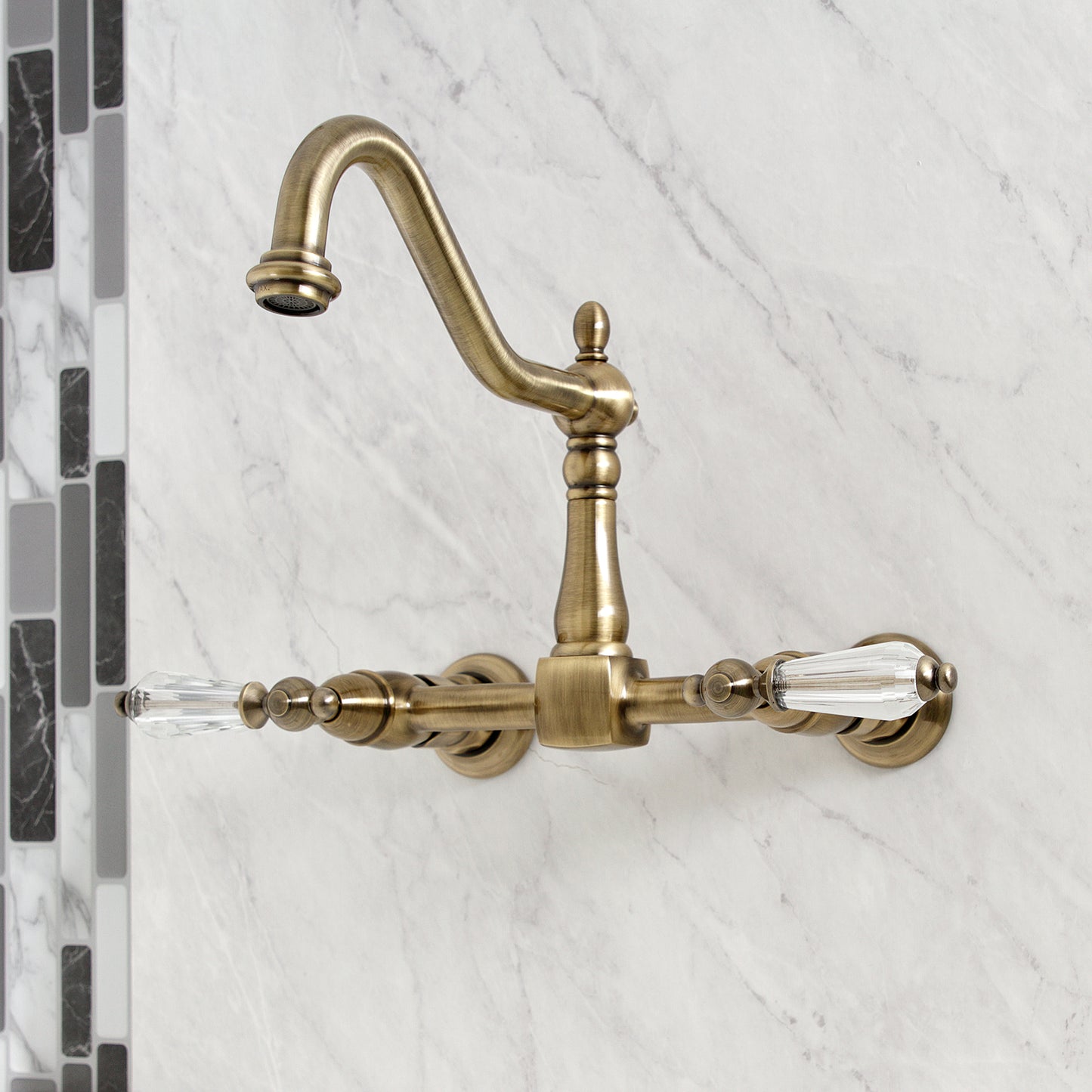 Kingston KS1243WLL Wilshire Two-Handle Wall Mount Bridge Kitchen Faucet, Antique Brass