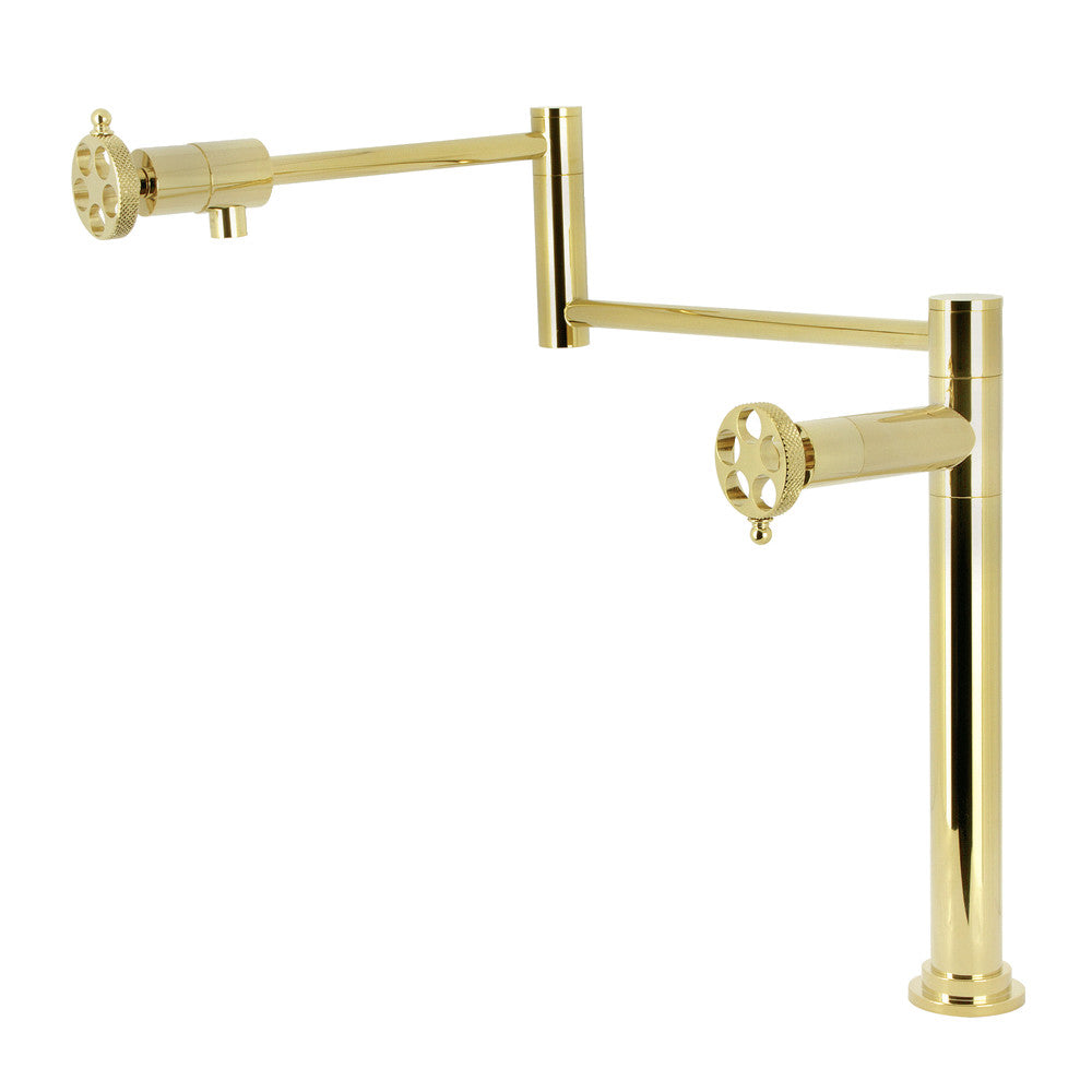 Kingston Brass KS4703RKX Webb Deck Mount Pot Filler Faucet with Knurled Handle, Antique Brass.