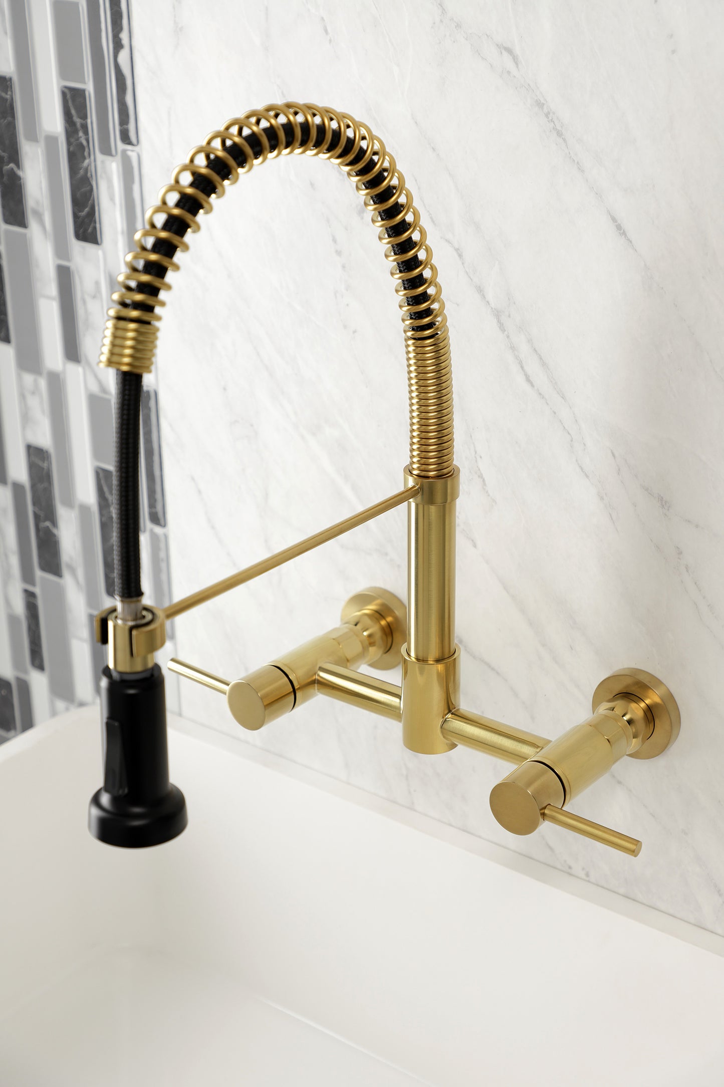 Gourmetier GS8187DL Concord Double-Handle Wall-Mount Pre-Rinse Bridge Kitchen Faucet, Brushed Brass