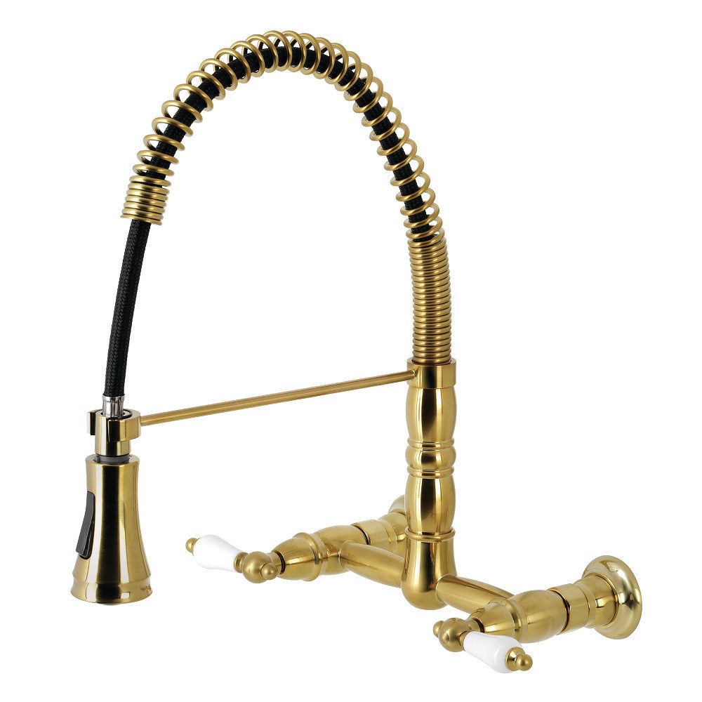 Gourmetier GS1243PL Heritage Double-Handle Wall-Mount Pre-Rinse Bridge Kitchen Faucet, Antique Brass with high arching spout