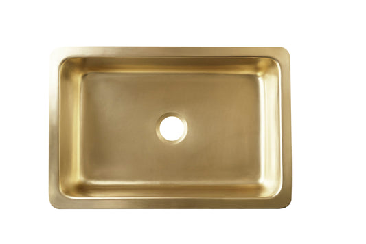 Thompson Quiroga smooth semi-satin brass farmhouse kitchen sink KSA-3322SSB, overhead view