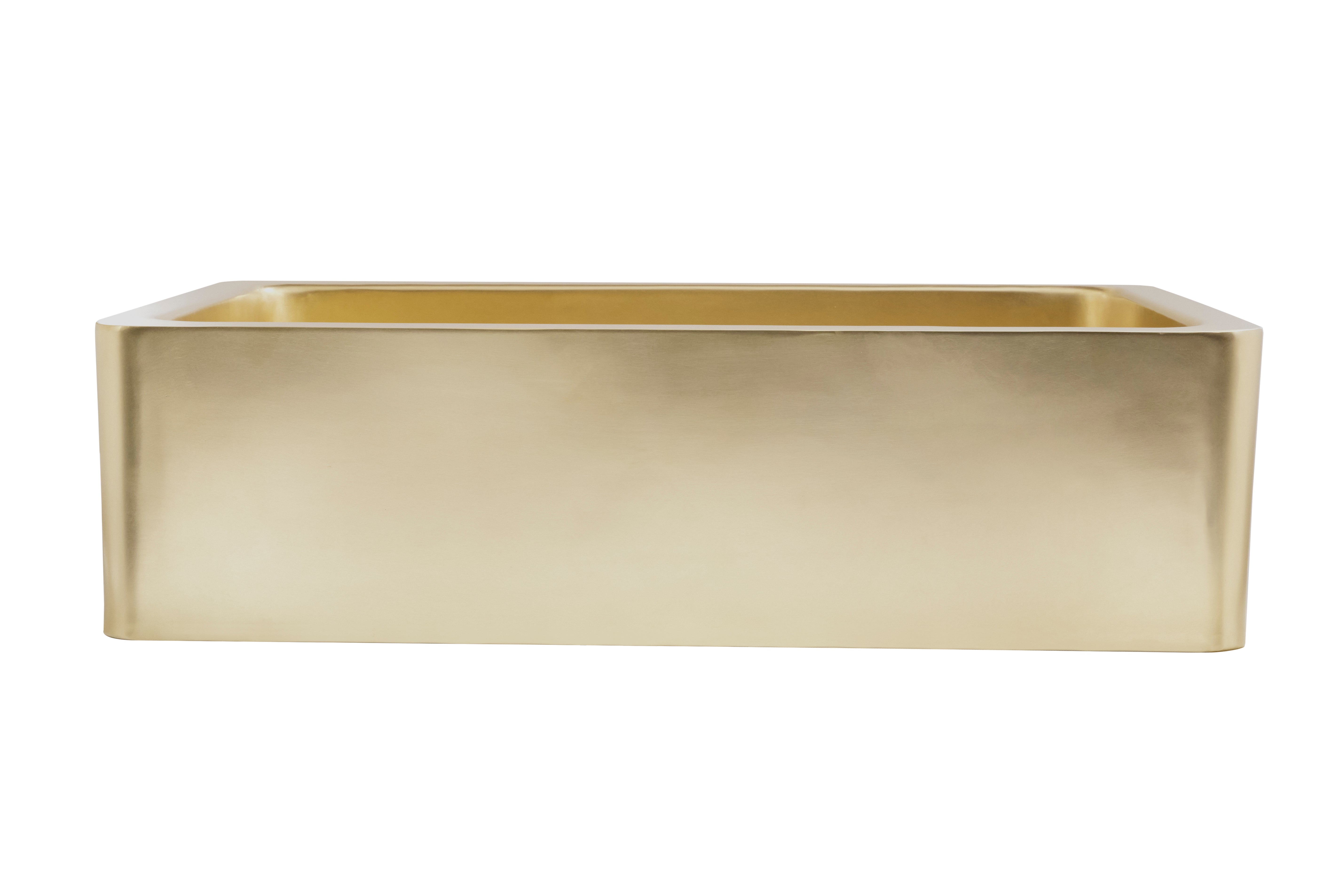 Thompson Quiroga smooth semi-satin brass farmhouse kitchen sink KSA-3322SSB, front view of the apron