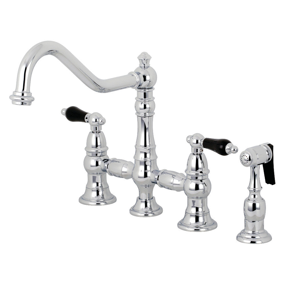Kingston KS3277PKLBS Duchess Bridge Kitchen Faucet with Brass Sprayer, Brushed Brass in polished chrome finish