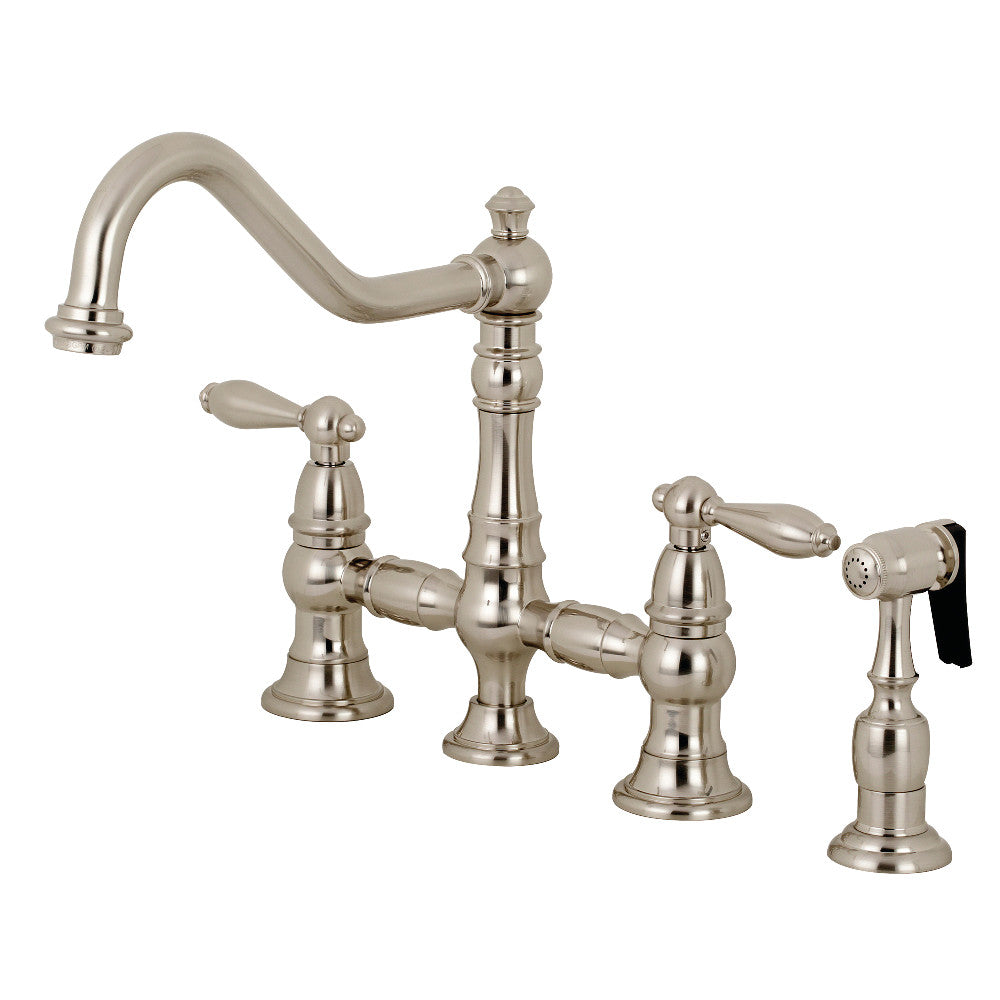 Kingston KS3277ALBS Restoration Bridge Kitchen Faucet with Brass Sprayer, Brushed Brass.