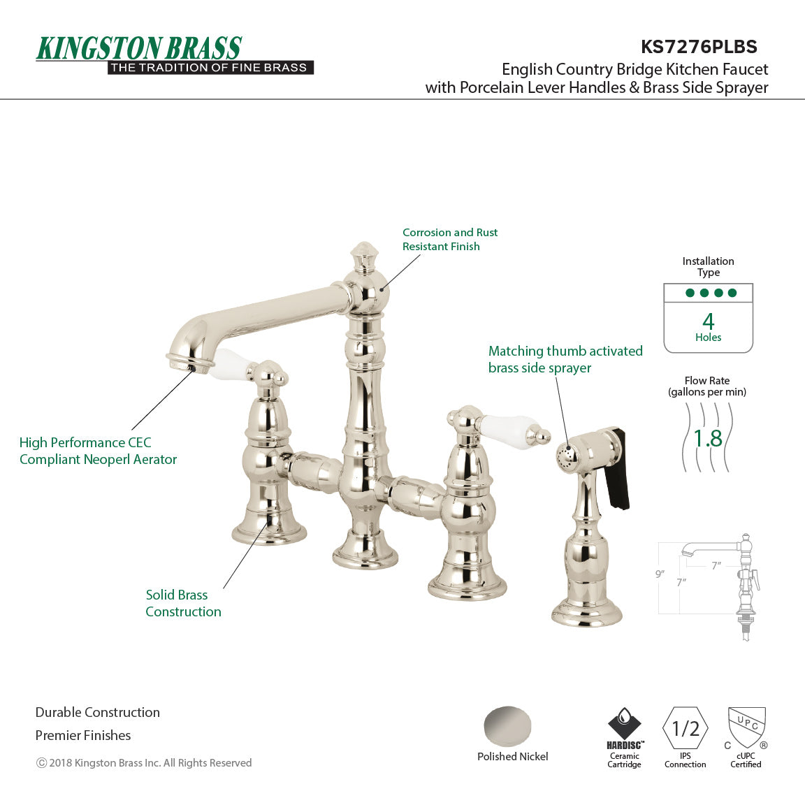 Kingston KS7278PLBS English Country Bridge Kitchen Faucet with Brass Sprayer, Brushed Nickel