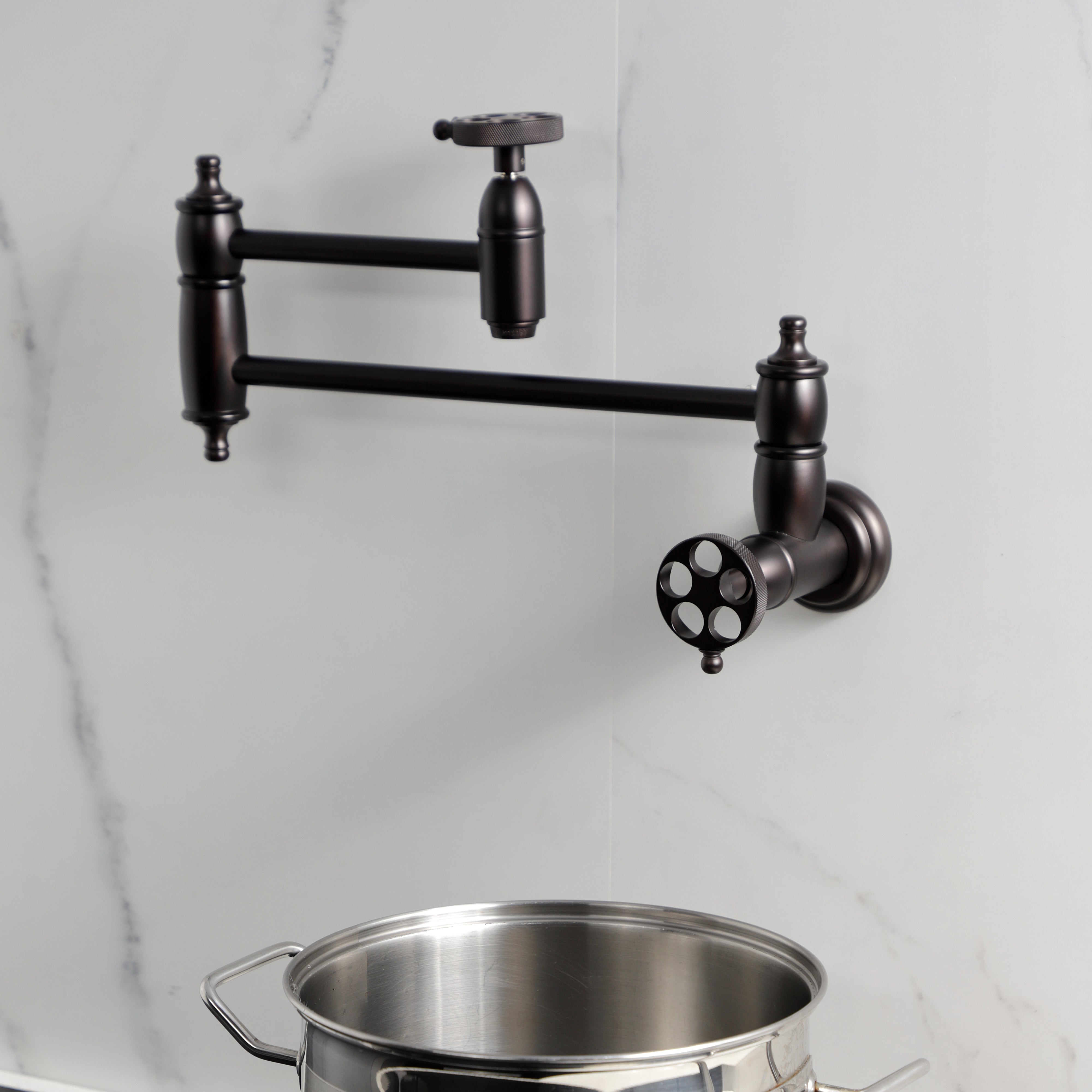 Kingston Brass KS3103RKZ Wendell Wall Mount Pot Filler Faucet with Knurled Handle, Antique Brass