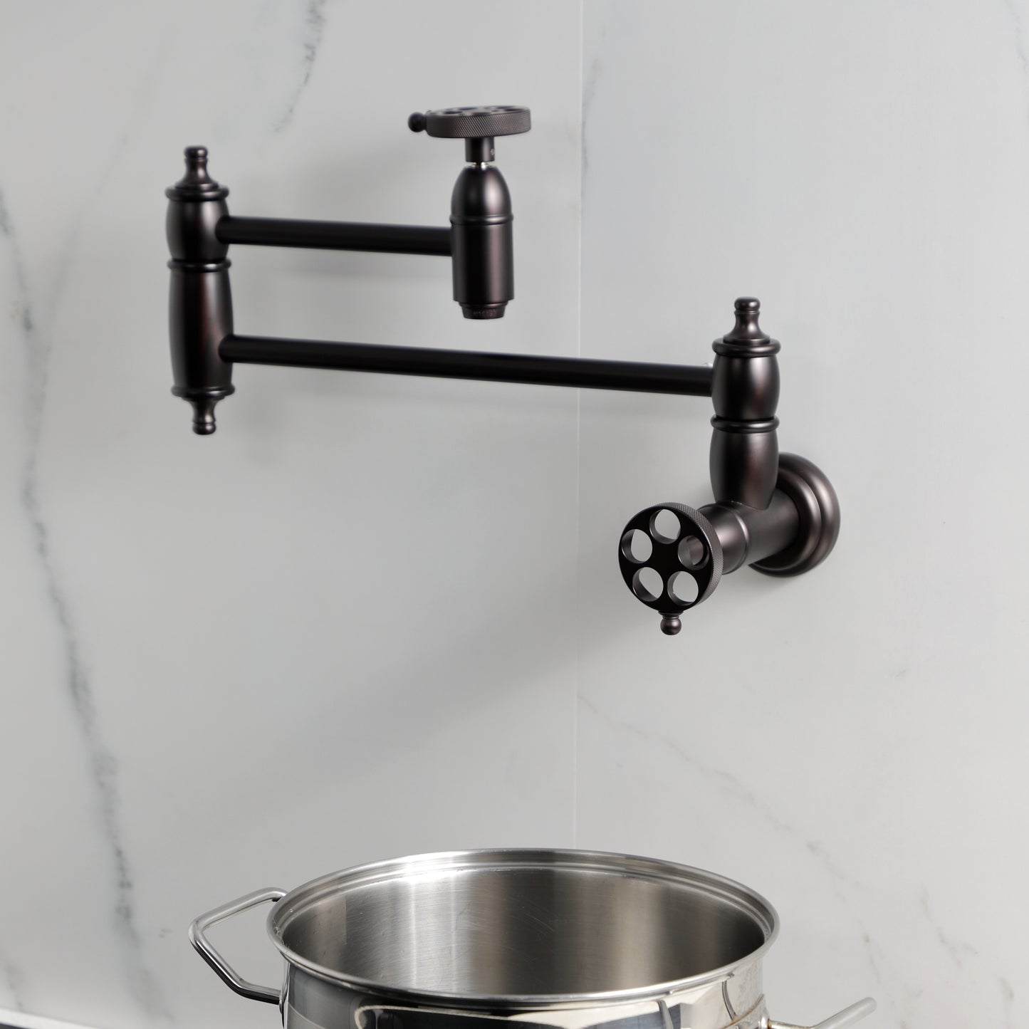 Kingston Brass KS3103RKZ Wendell Wall Mount Pot Filler Faucet with Knurled Handle, Antique Brass