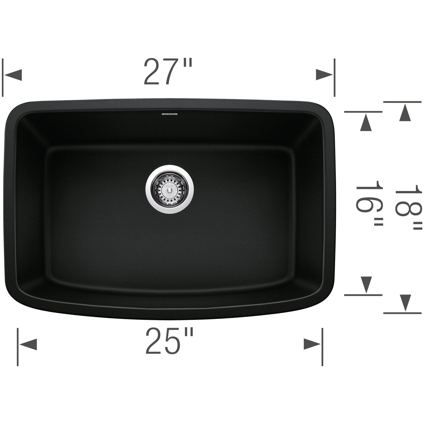 Top view of BLANCO Valea SILGRANIT 27" Single Bowl Undermount Kitchen Sink dimensions 27" x 25".
