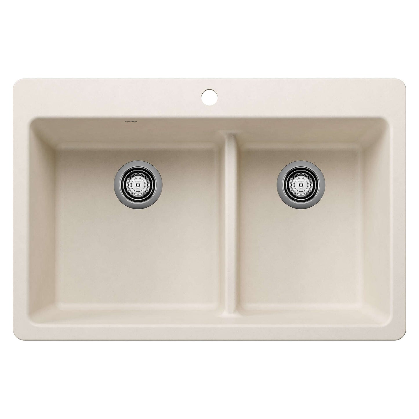 BLANCO Liven SILGRANIT 33" 60/40 Double Bowl Dual Mount Kitchen Sink with Low Divide in cream color.