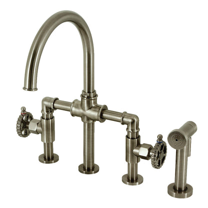 Kingston KS2334CG Fuller Industrial Style Bridge Kitchen Faucet with Brass Sprayer, Black Stainless