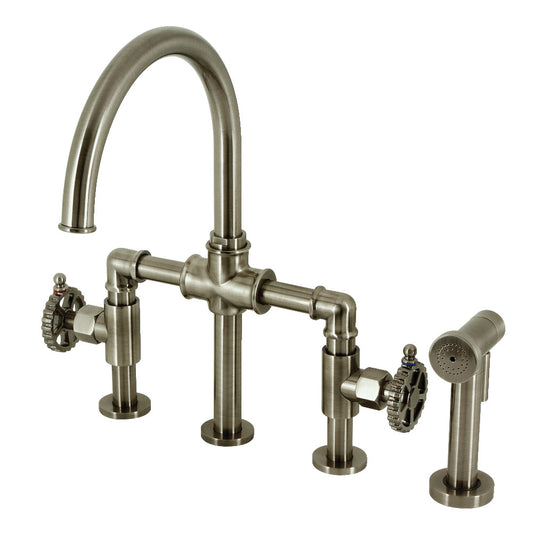 Kingston KS2334CG Fuller Industrial Style Bridge Kitchen Faucet with Brass Sprayer, Black Stainless