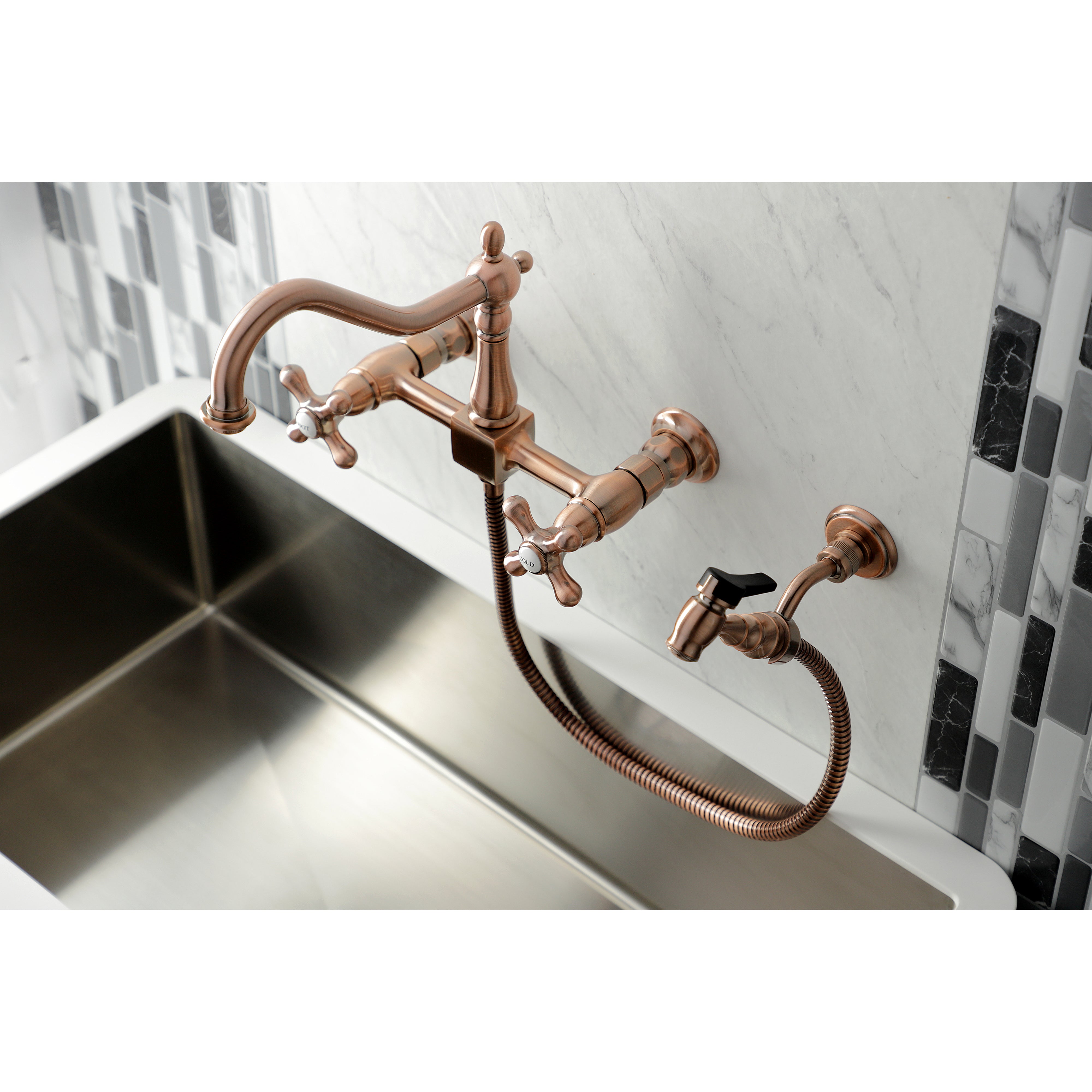 Kingston KS1243AXBS Heritage Two-Handle Wall Mount Bridge Kitchen Faucet with Brass Sprayer, Antique Brass