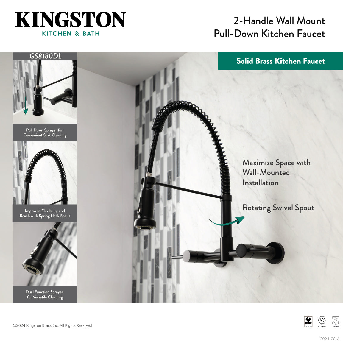 Gourmetier GS8187DL Concord Double-Handle Wall-Mount Pre-Rinse Bridge Kitchen Faucet, Brushed Brass