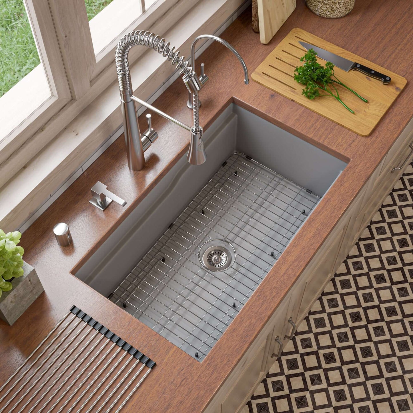 Alfi 32" Dual Mount Fireclay Workstation Kitchen Sink - ABFS3219SUD with stainless steel grid and bamboo cutting board in modern kitchen.