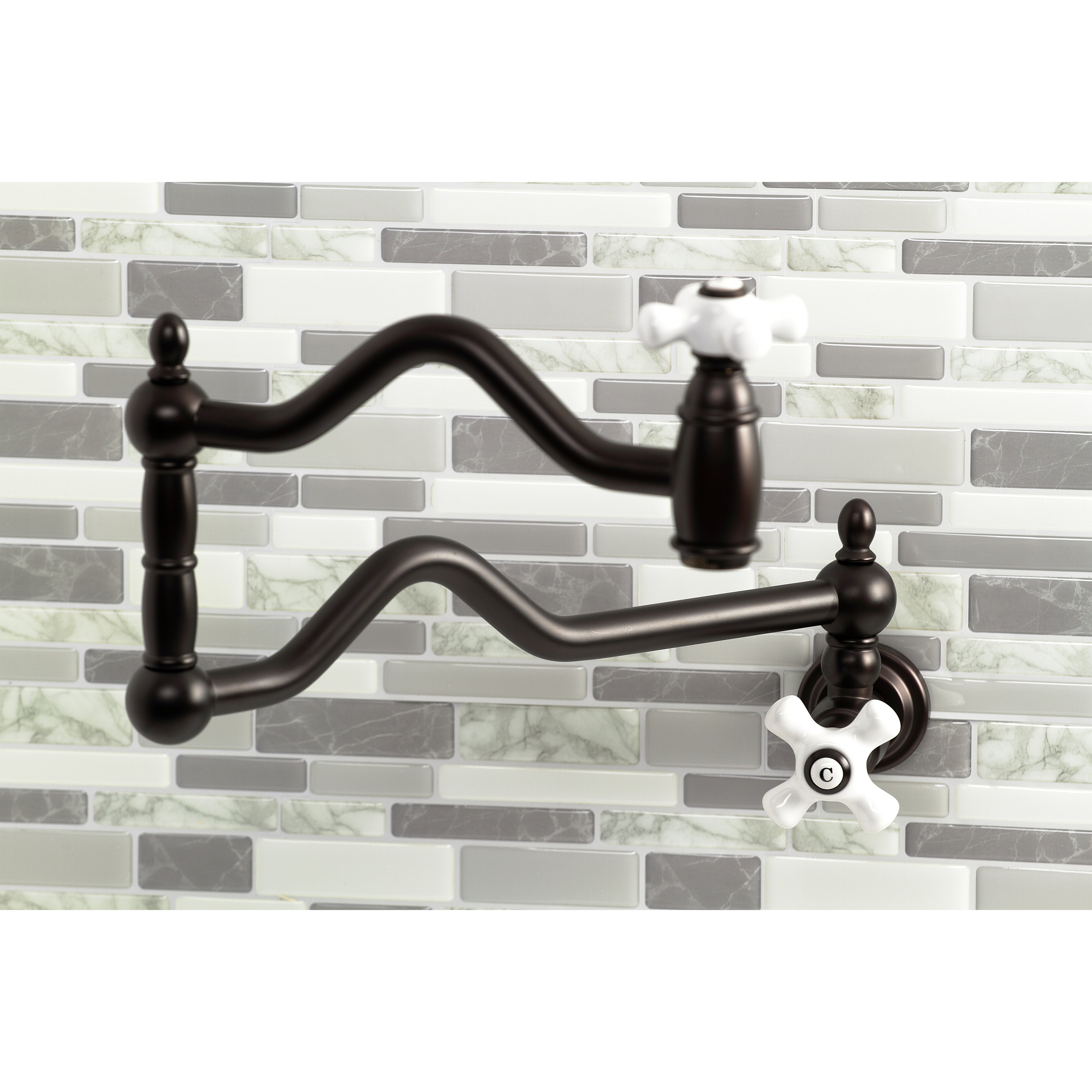 Kingston Brass KS2107PX Heritage Wall Mount Pot Filler Faucet, Brushed Brass on stylish backsplash.