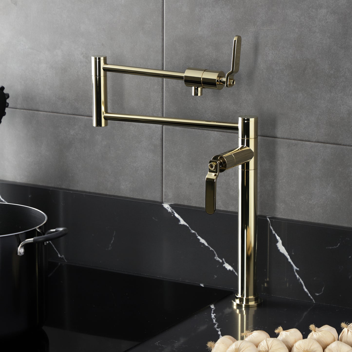 Kingston Brass KS4703KL Whitaker Deck Mount Pot Filler Faucet, Antique Brass positioned above a stove.