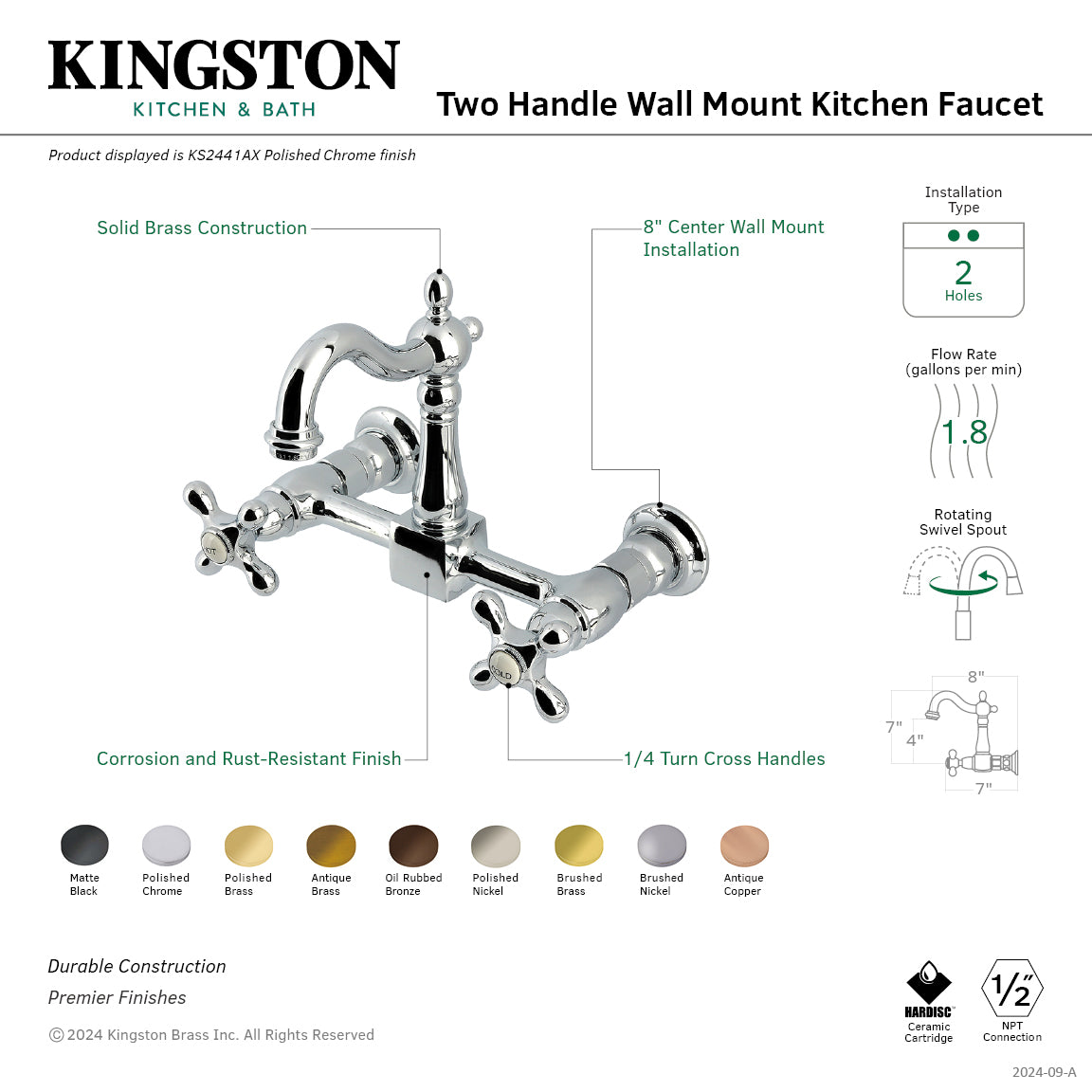 Kingston KS2443AX Heritage Two-Handle Wall Mount Bridge Kitchen Faucet, Antique Brass
