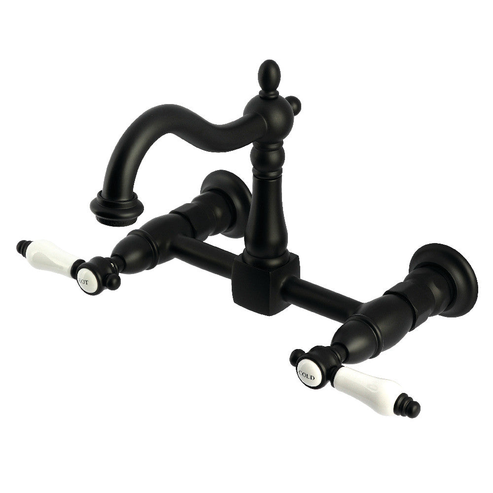 Kingston KS1263BPL Bel-Air Two-Handle Wall Mount Bridge Kitchen Faucet, Antique Brass in matte black finish