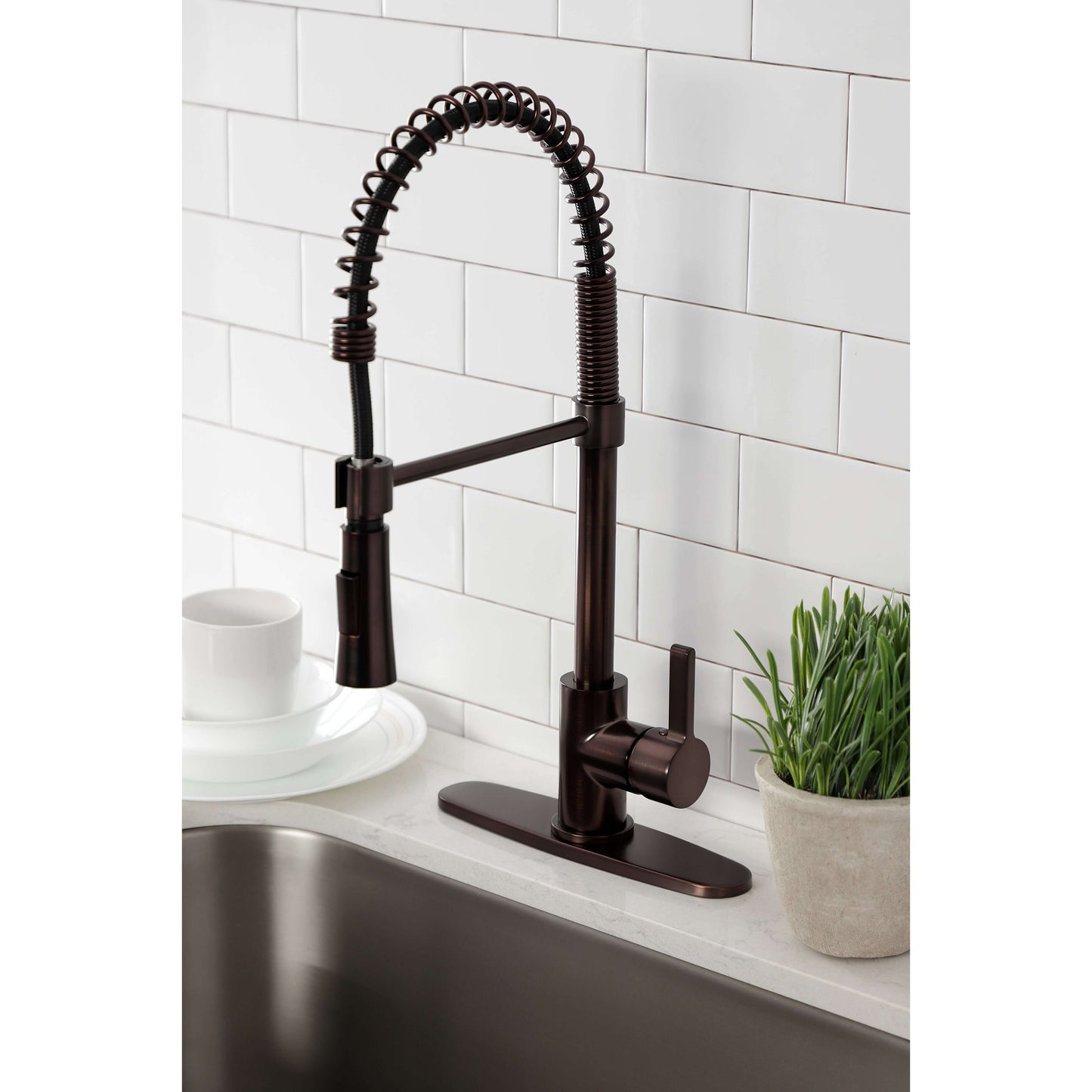 Gourmetier LS8678CTL Continental Single-Handle Deck-Mount Pre-Rinse Kitchen Faucet, Brushed Nickel left side view on kitchen counter