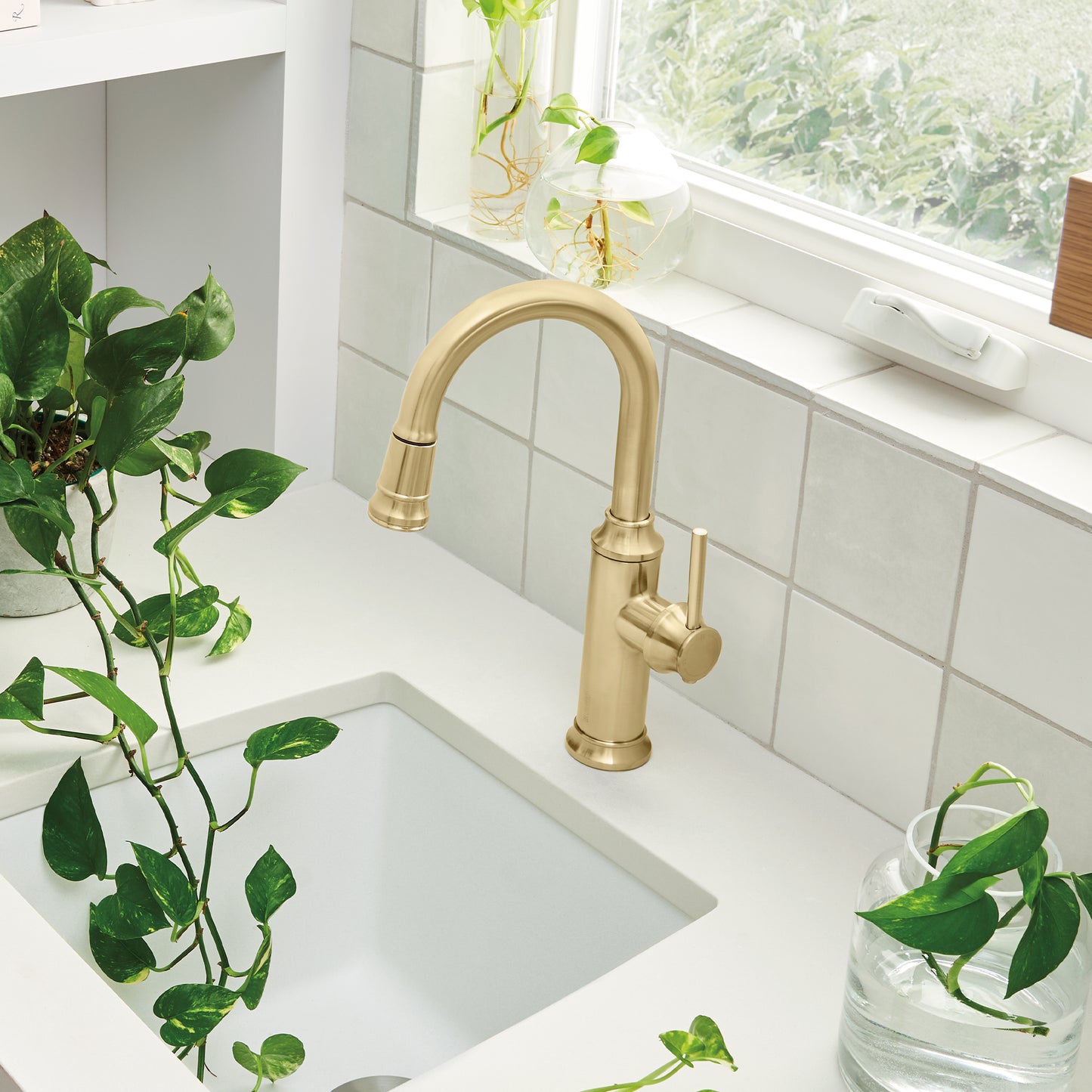 BLANCO Empressa Pull-Down Bar Faucet in a stylish kitchen sink setup with plants.