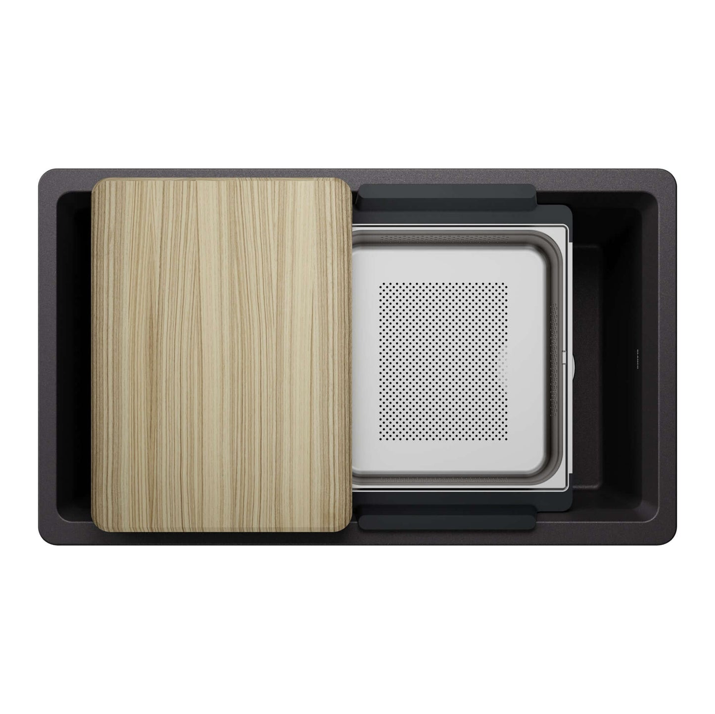 BLANCO Inteos SILGRANIT 33" Single Bowl Reversible Undermount Workstation Kitchen Sink with wood cutting board and colander.