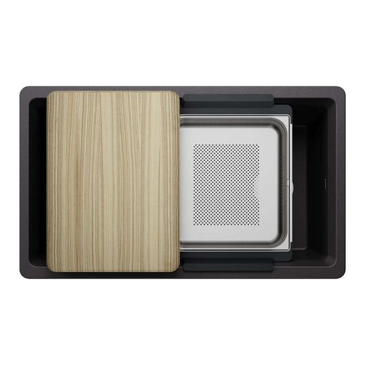 BLANCO Inteos SILGRANIT 33" Single Bowl Reversible Undermount Workstation Kitchen Sink with wood cutting board and colander.
