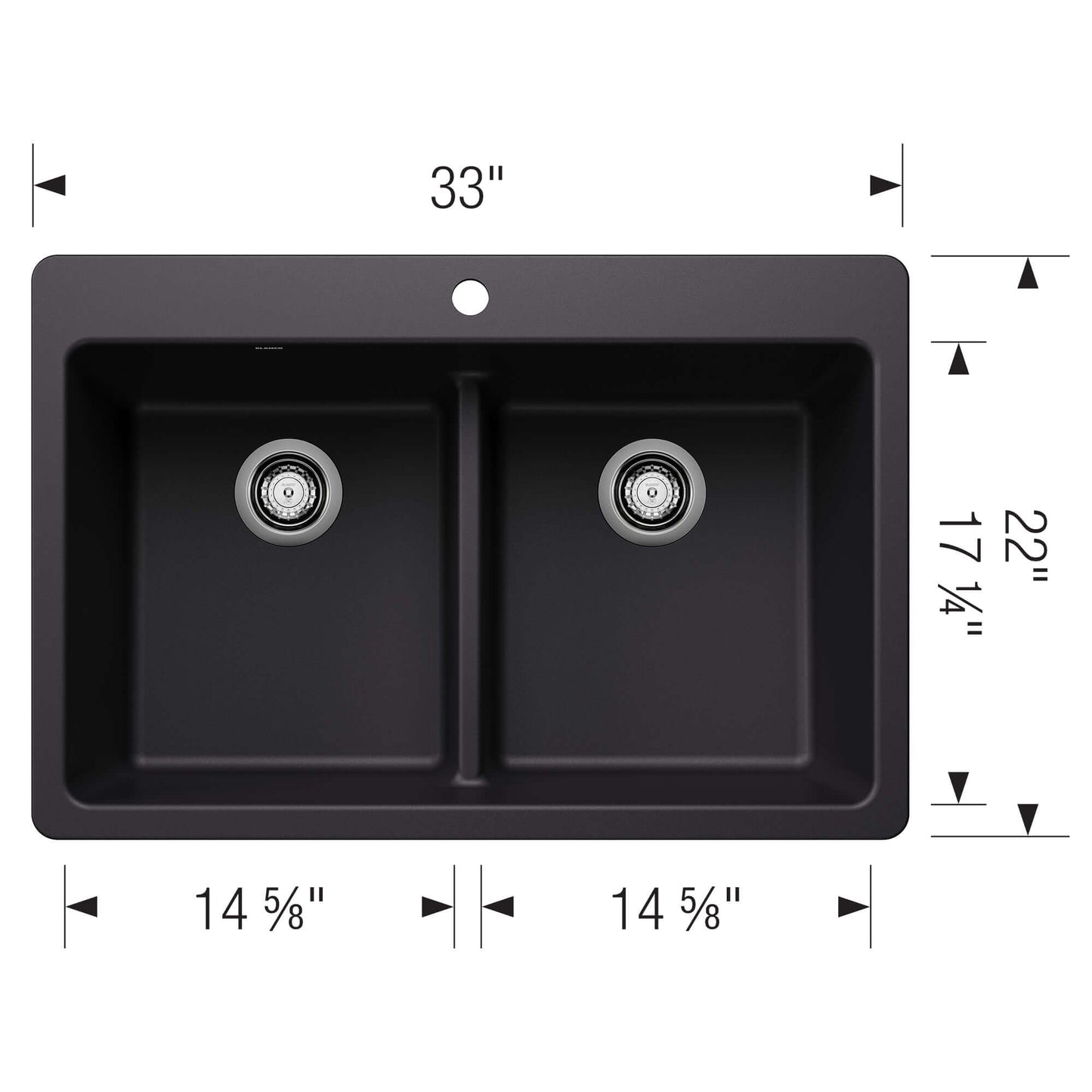 BLANCO Liven SILGRANIT 33" 50/50 Double Bowl Dual Mount Kitchen Sink with Low Divide dimensions and layout