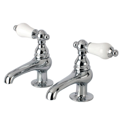 Kingston Brass CC5L8 Vintage Basin Tap Faucet with Porcelain Lever Handle, top view with shiny chrome finish and white porcelain handles.