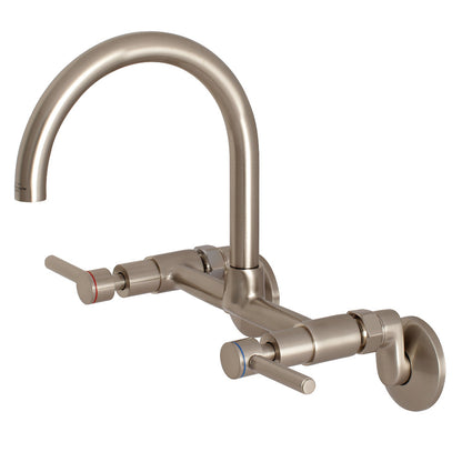 Kingston Brass KS814SB Concord Wall Mount Bridge Kitchen Faucet, high-arc gooseneck design showcasing brushed nickel finish.