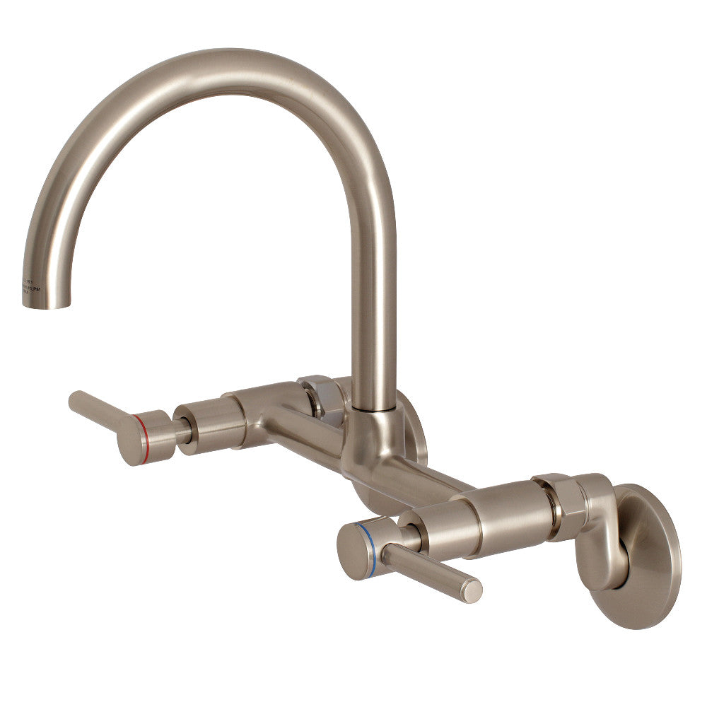 Kingston Brass KS814SB Concord Wall Mount Bridge Kitchen Faucet with gooseneck design and dual handles.