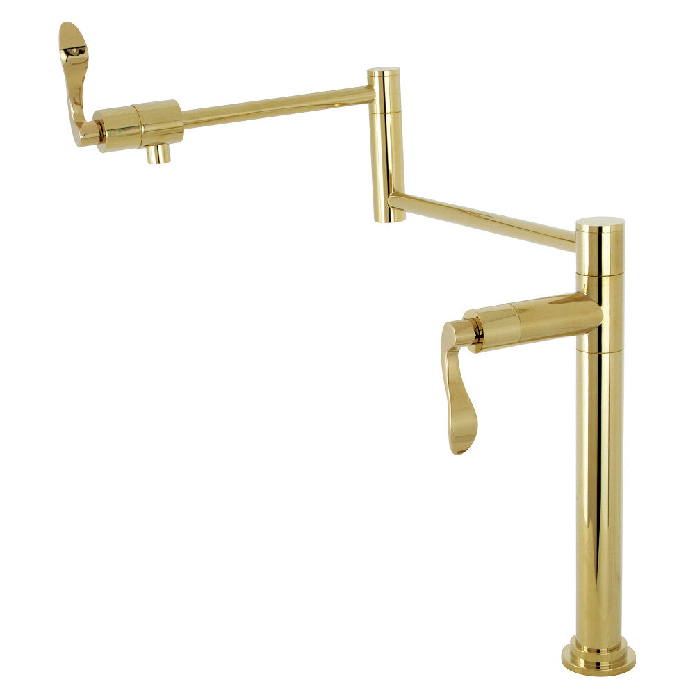 Kingston Brass KS4700DFL NuWave Deck Mount Pot Filler Faucet, Matte Black in polished brass finish.
