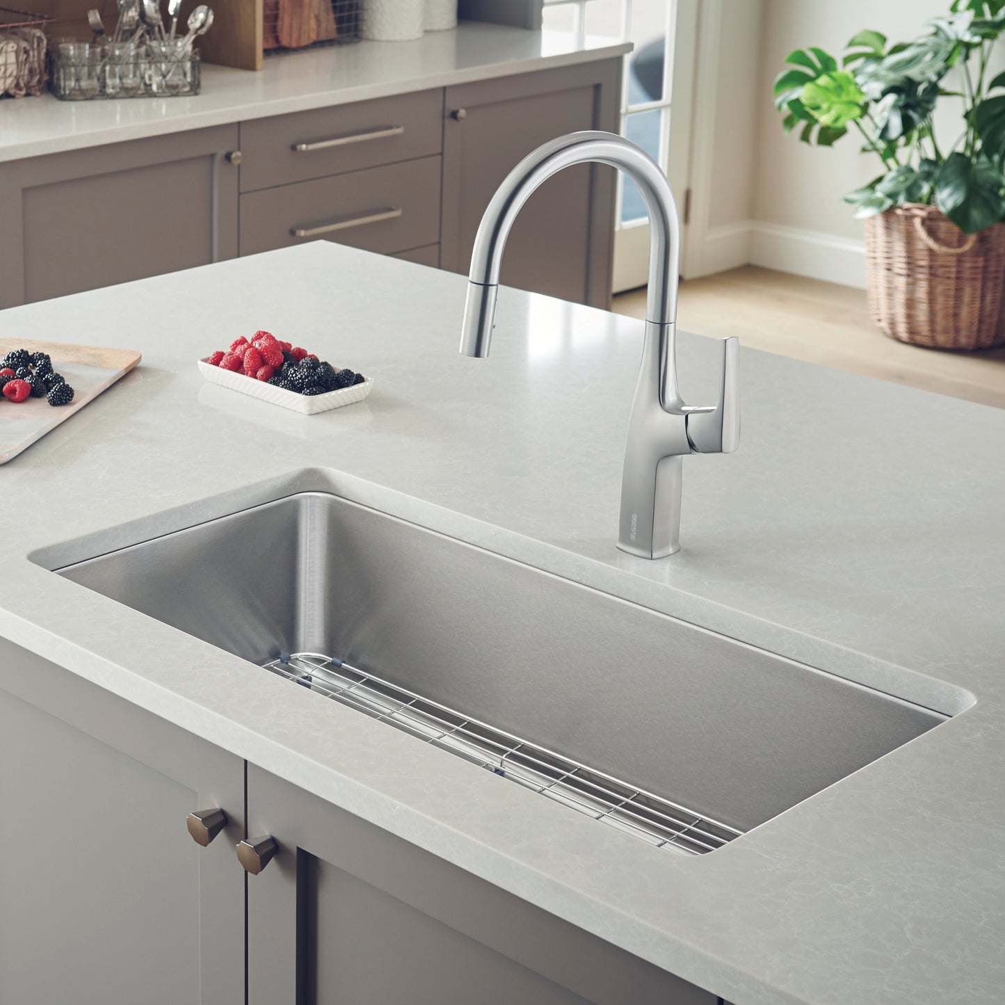 BLANCO Formera 33" Super Single Undermount Stainless Steel Kitchen Sink in a modern kitchen setting with fresh berries.