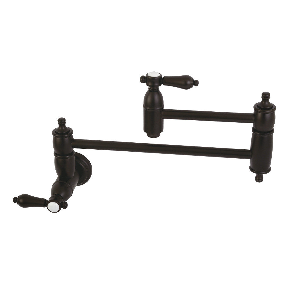 Kingston Brass KS3103BAL Heirloom Wall Mount Pot Filler Faucet, Antique Brass with foldable swing arms.