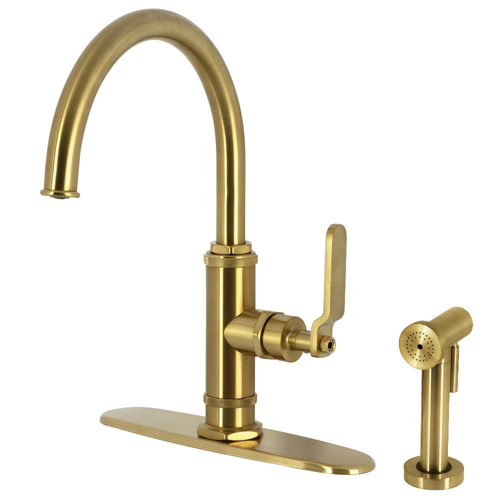 Kingston Brass KS2433KL Whitaker Single-Handle Kitchen Faucet with Brass Side Sprayer, Antique Brass in brushed brass finish.