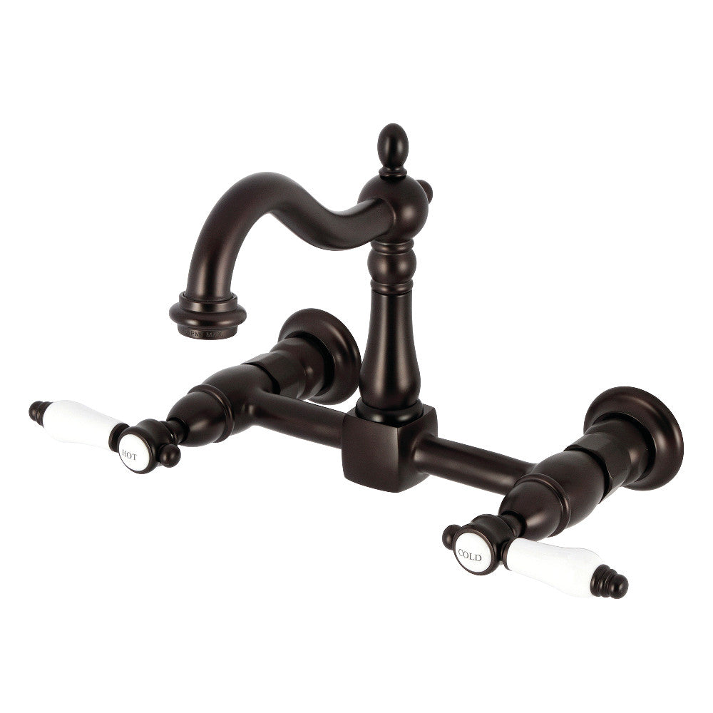 Kingston KS1263BPL Bel-Air Two-Handle Wall Mount Bridge Kitchen Faucet, Antique Brass in oil rubbed bronze finish.