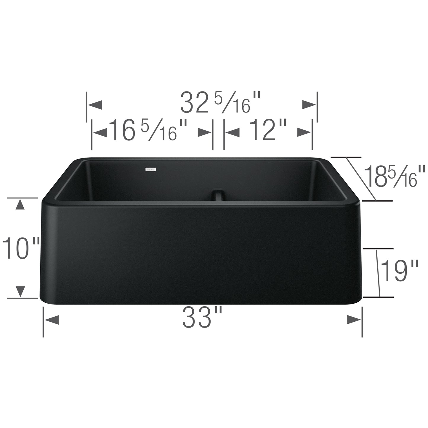 BLANCO Ikon SILGRANIT 33" Double Bowl Apron-Front Farmhouse Sink with Low Divide dimensions and specifications.