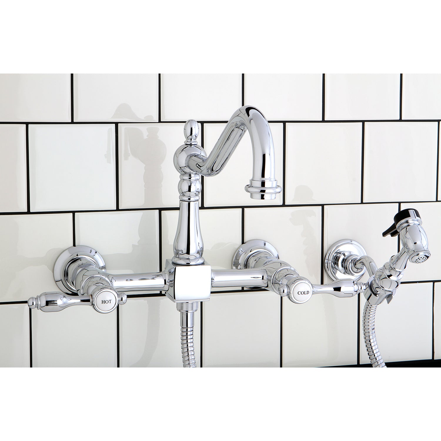 Kingston KS1248TALBS Tudor Two-Handle Wall Mount Bridge Kitchen Faucet with Brass Sprayer, Brushed Nickel